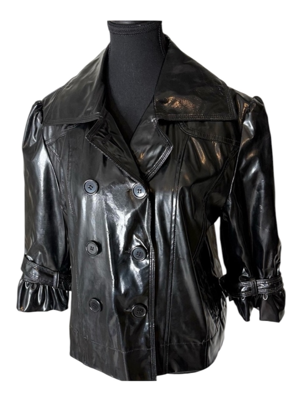 NEVADA Black Patent Vinyl Double Breasted Jacket Peplum 3/4 Sleeve Buttons Large